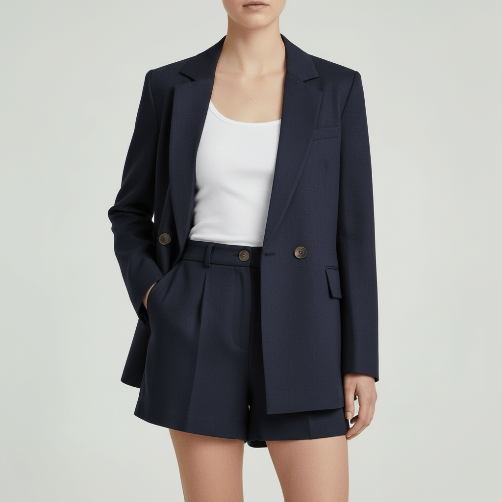 Tanzanix | Airy summer set with blazer and shorts-Apparel & Accessories > Clothing > Outfit Sets-Navy-S-Tanzanix