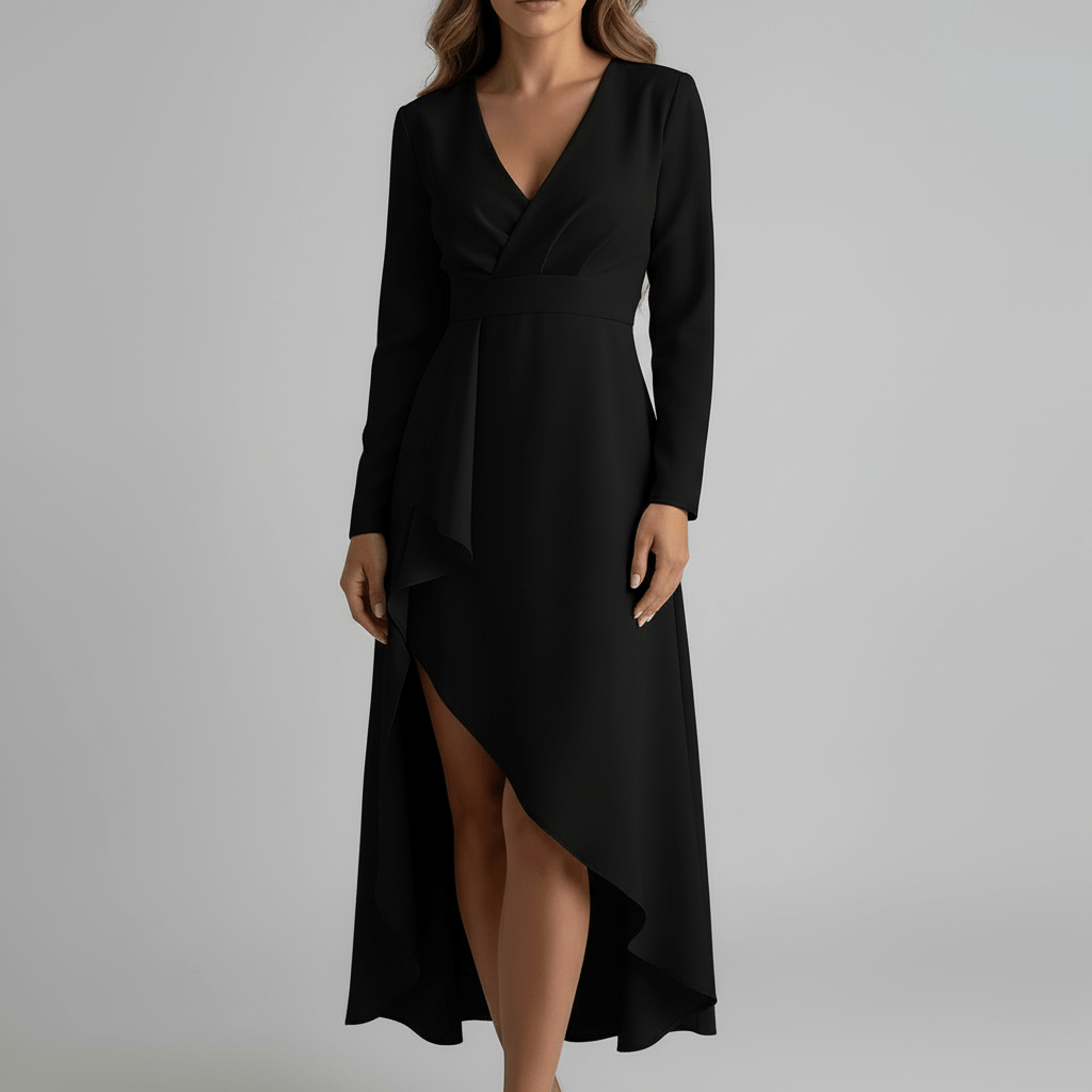Tanzanix | Asymmetrical midi dress with V-neck-Apparel & Accessories > Clothing > Dresses-Black-XS-Tanzanix