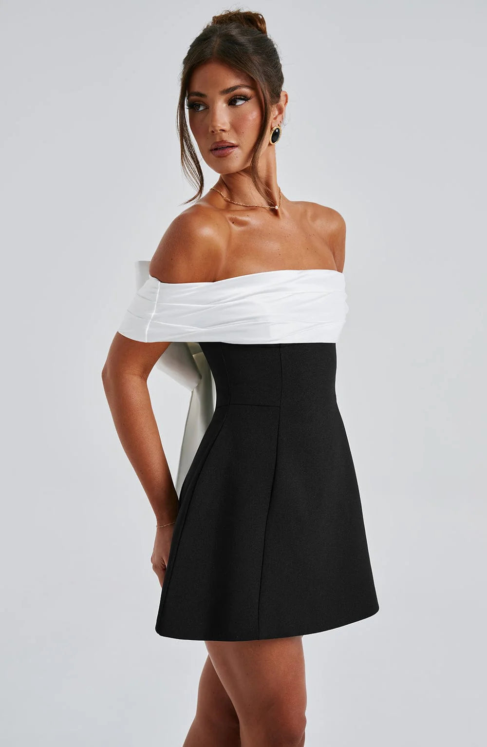 Tanzanix | Bardot neckline mini dress with contoured bubble skirt-Apparel & Accessories > Clothing > Dresses-Tanzanix