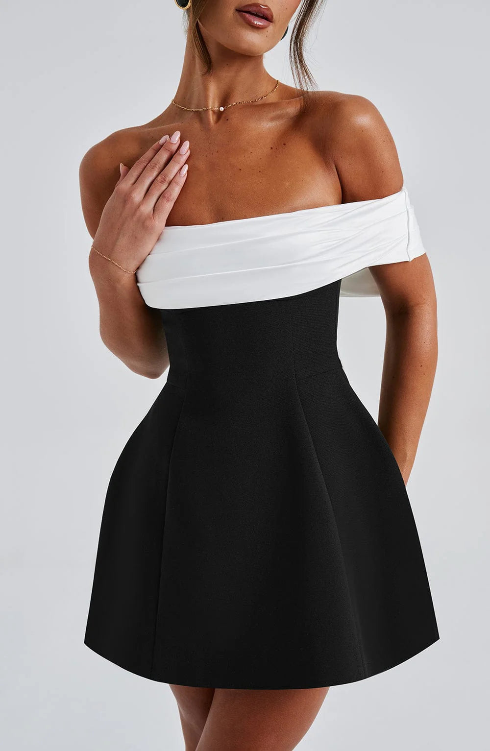 Tanzanix | Bardot neckline mini dress with contoured bubble skirt-Apparel & Accessories > Clothing > Dresses-Tanzanix