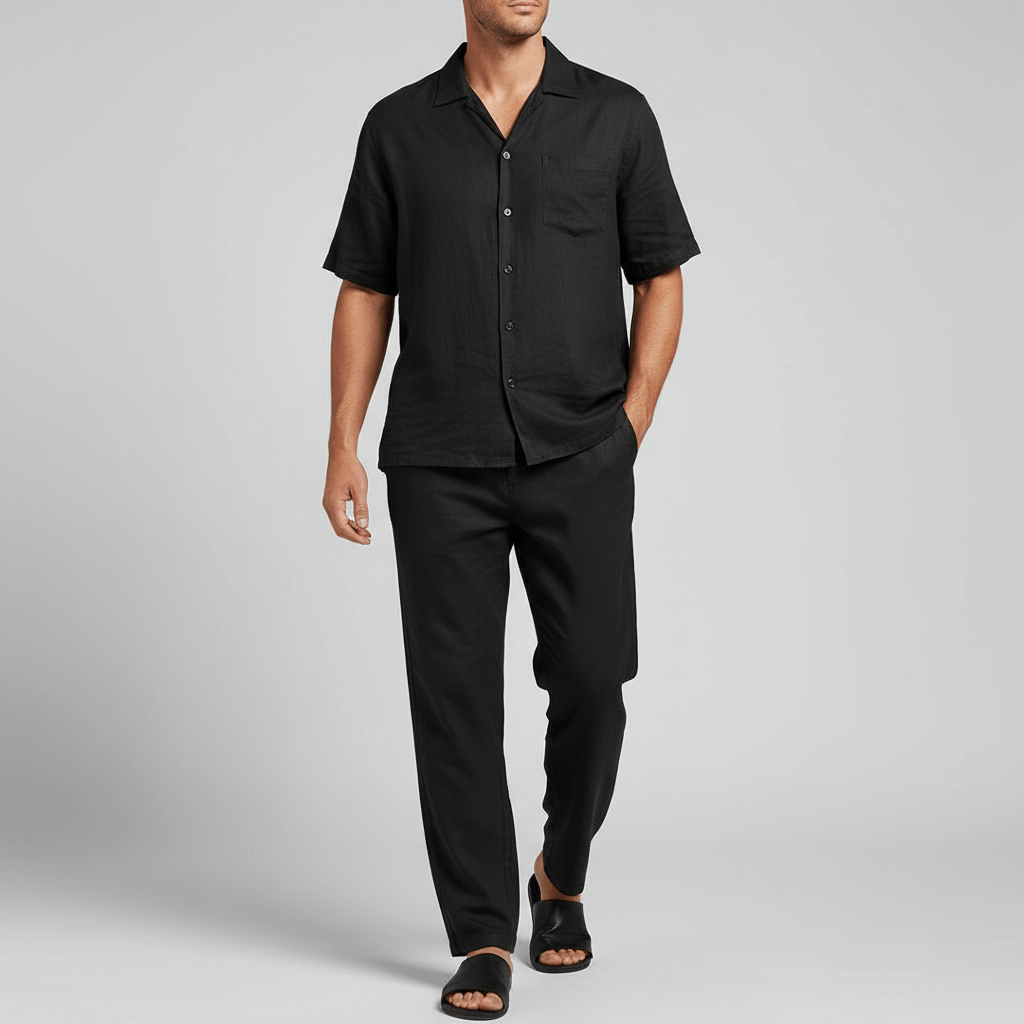 Tanzanix | Breathable linen beach two-piece set-Apparel & Accessories > Clothing > Outfit Sets-Black-M-Tanzanix