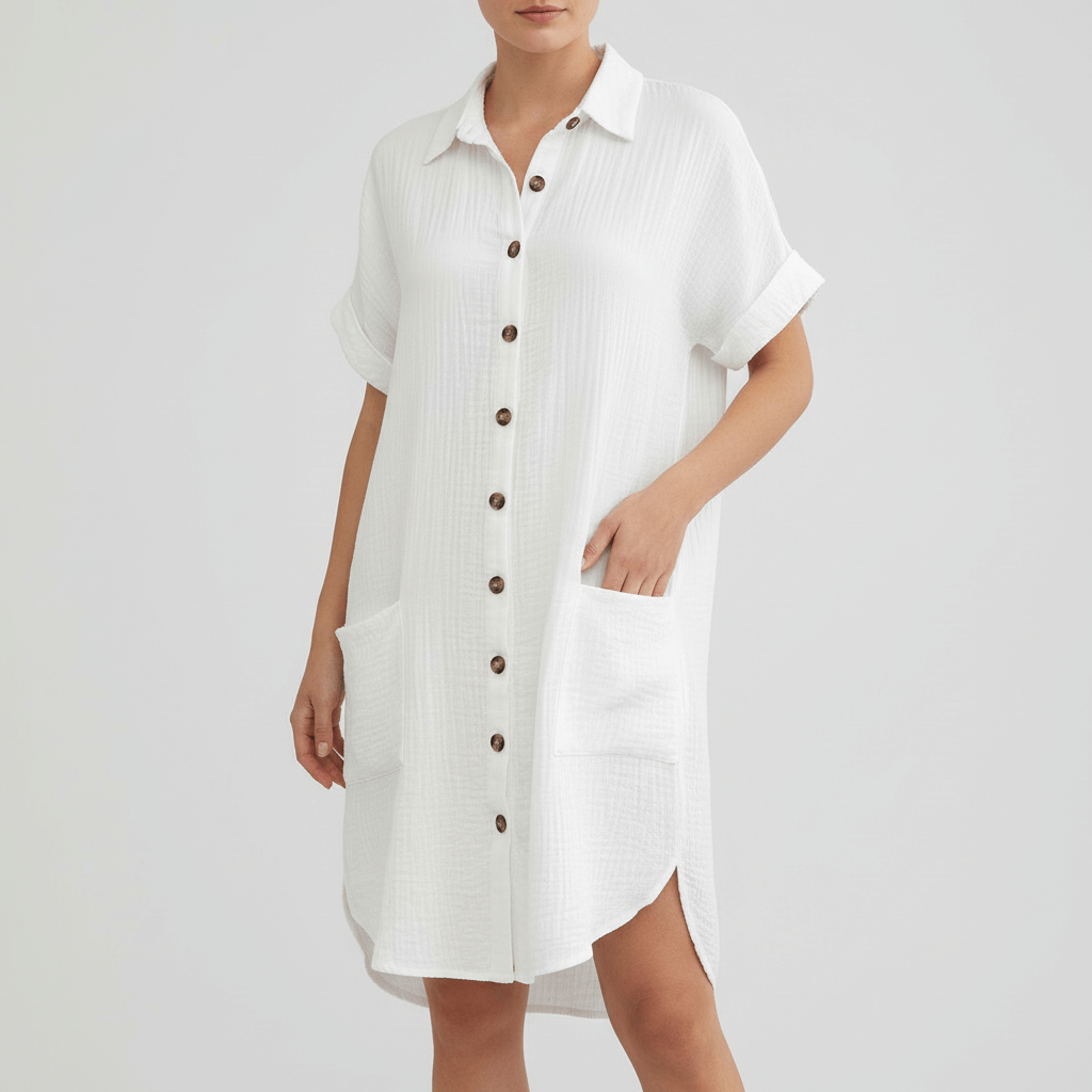 Tanzanix | Comfortable sundress with pockets and collar-Apparel & Accessories > Clothing > Dresses-White-S-Tanzanix