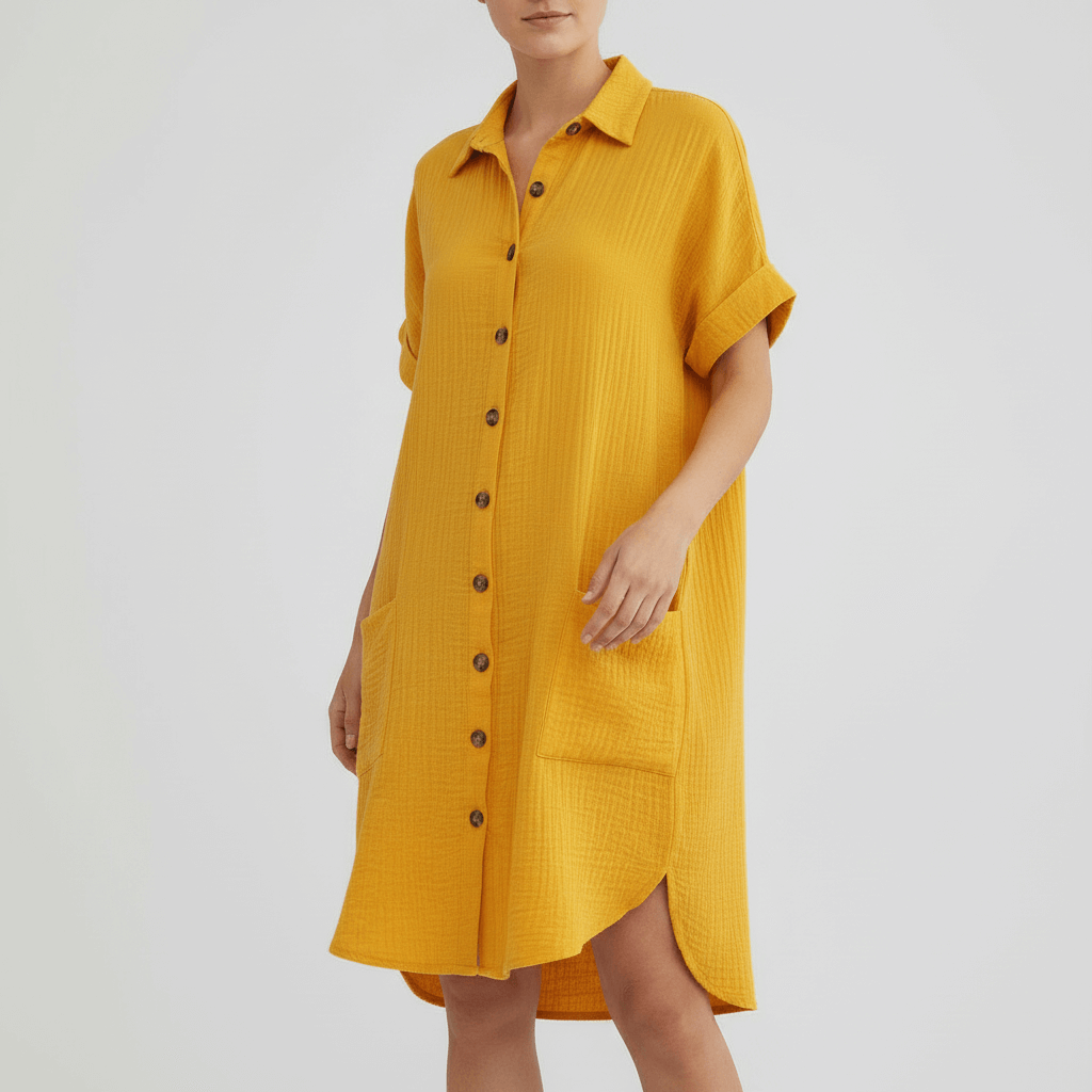 Tanzanix | Comfortable sundress with pockets and collar-Apparel & Accessories > Clothing > Dresses-Yellow-S-Tanzanix