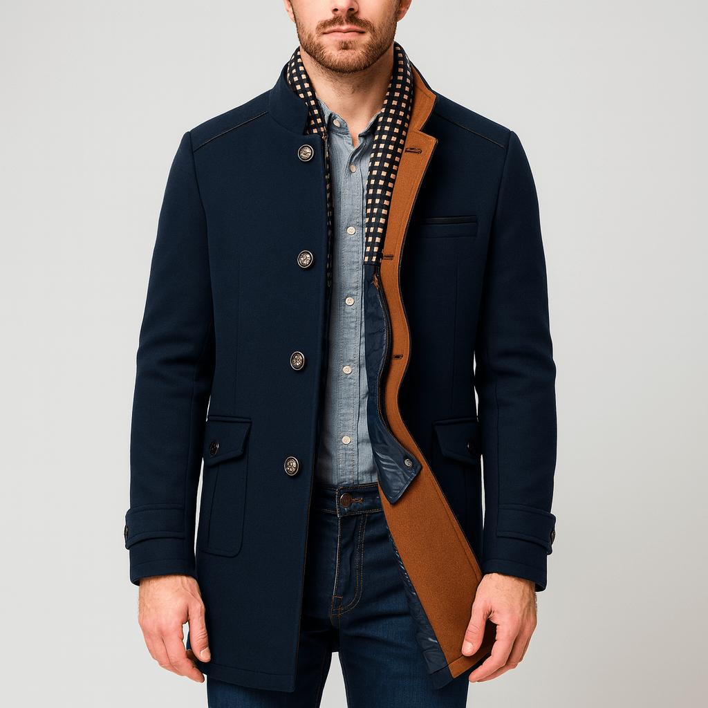 Tanzanix | Detachable scarf woolen coat with tailored fit-Apparel & Accessories > Clothing > Outerwear > Coats & Jackets > Overcoats-Navy Blue-S-Tanzanix