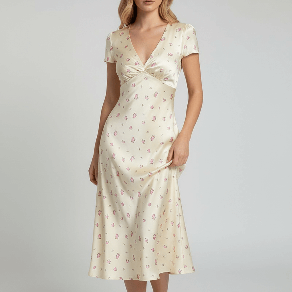 Tanzanix | Elegant Print Satin Midi Dress-Apparel & Accessories > Clothing > Dresses-Beige-S-Tanzanix