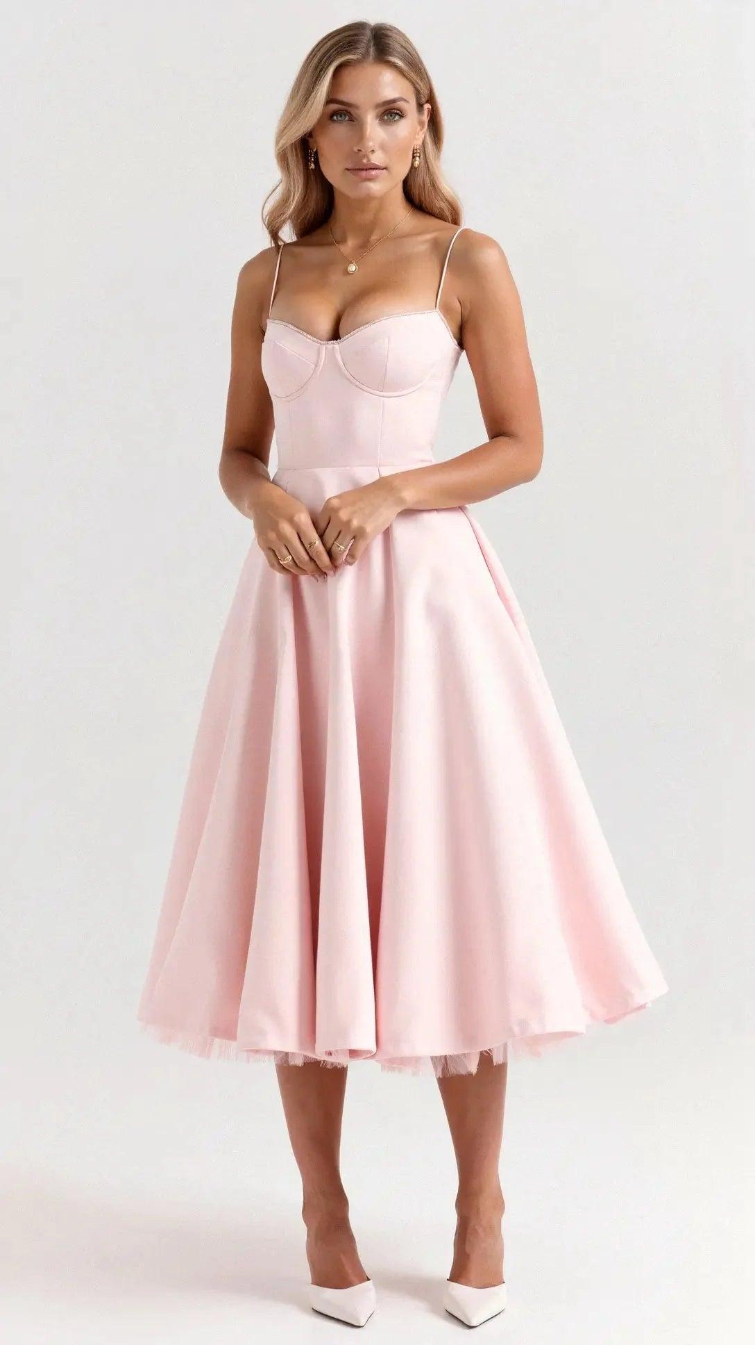 Tanzanix | Elegant multi-layered tulle midi dress-Apparel & Accessories > Clothing > Dresses-Pink-XS-Tanzanix