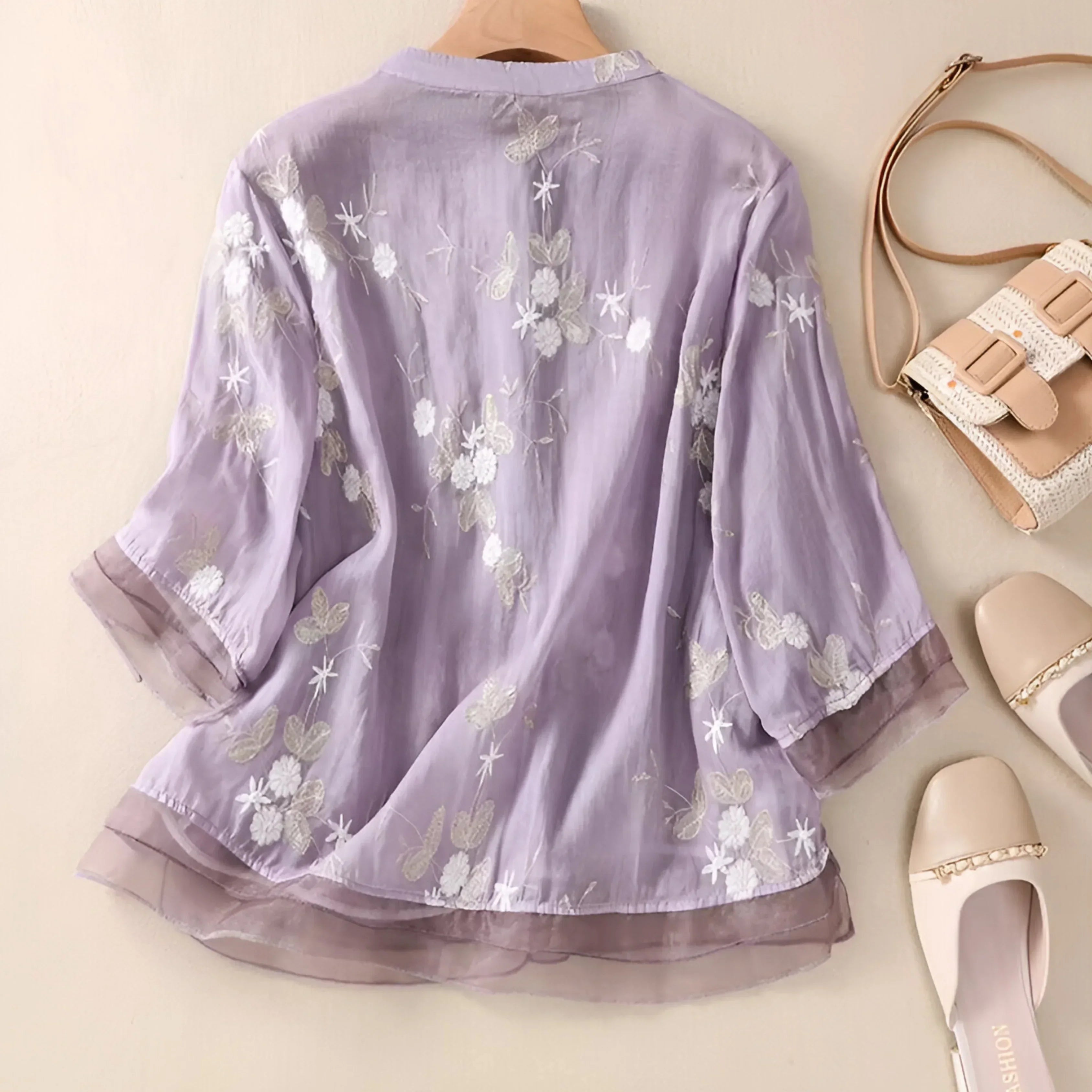 Tanzanix | Floral embroidery loose blouse-Apparel & Accessories > Clothing > Clothing Tops > Blouses-Tanzanix