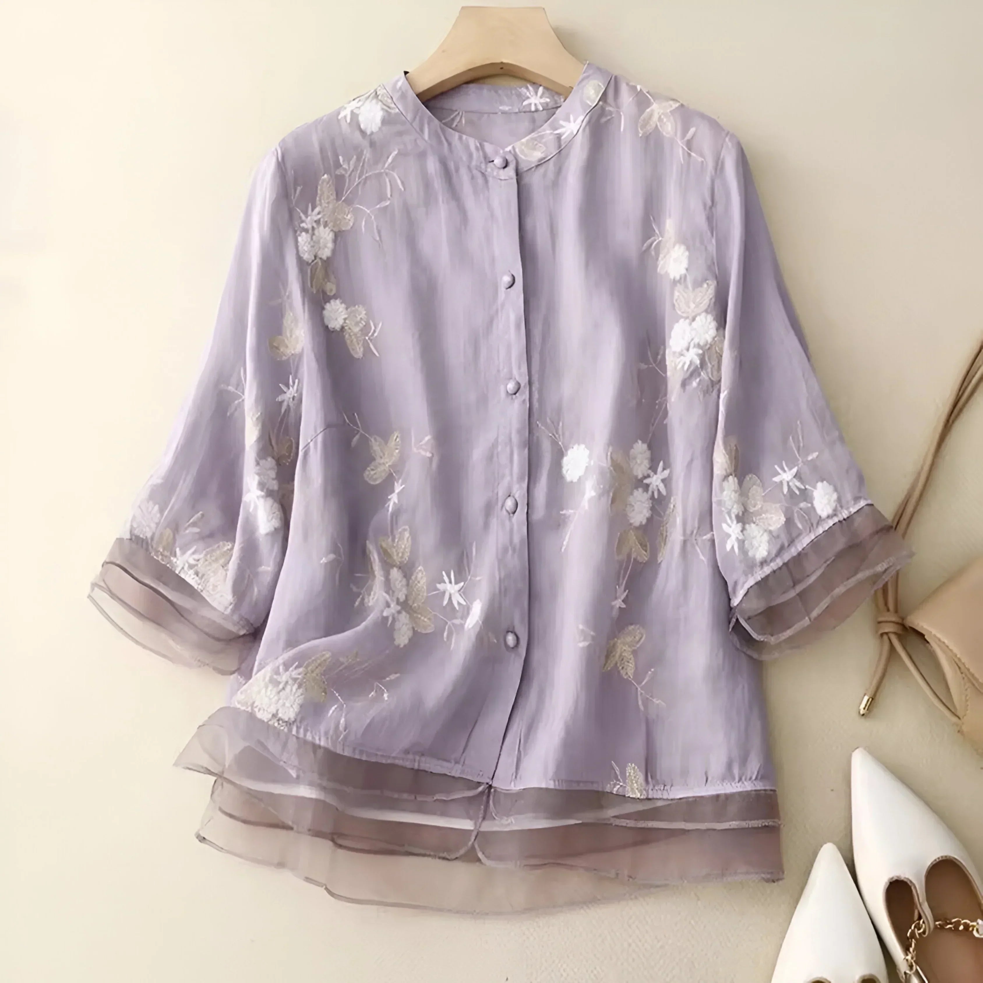 Tanzanix | Floral embroidery loose blouse-Apparel & Accessories > Clothing > Clothing Tops > Blouses-Purple-S-Tanzanix