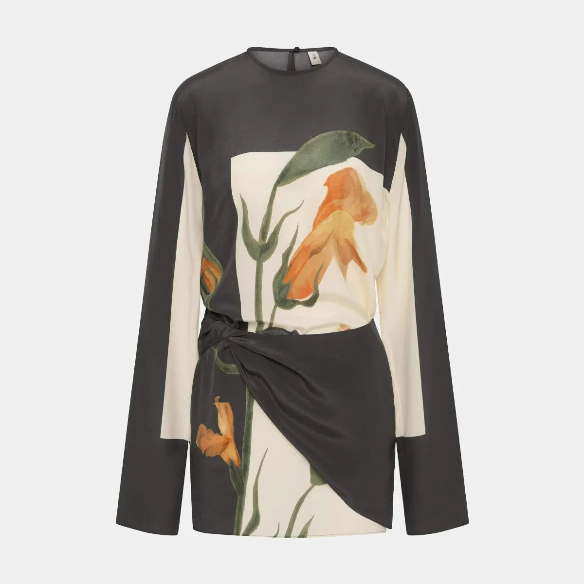 Tanzanix | Floral print mini dress with draped overlay and flared sleeves-Apparel & Accessories > Clothing > Dresses-Tanzanix