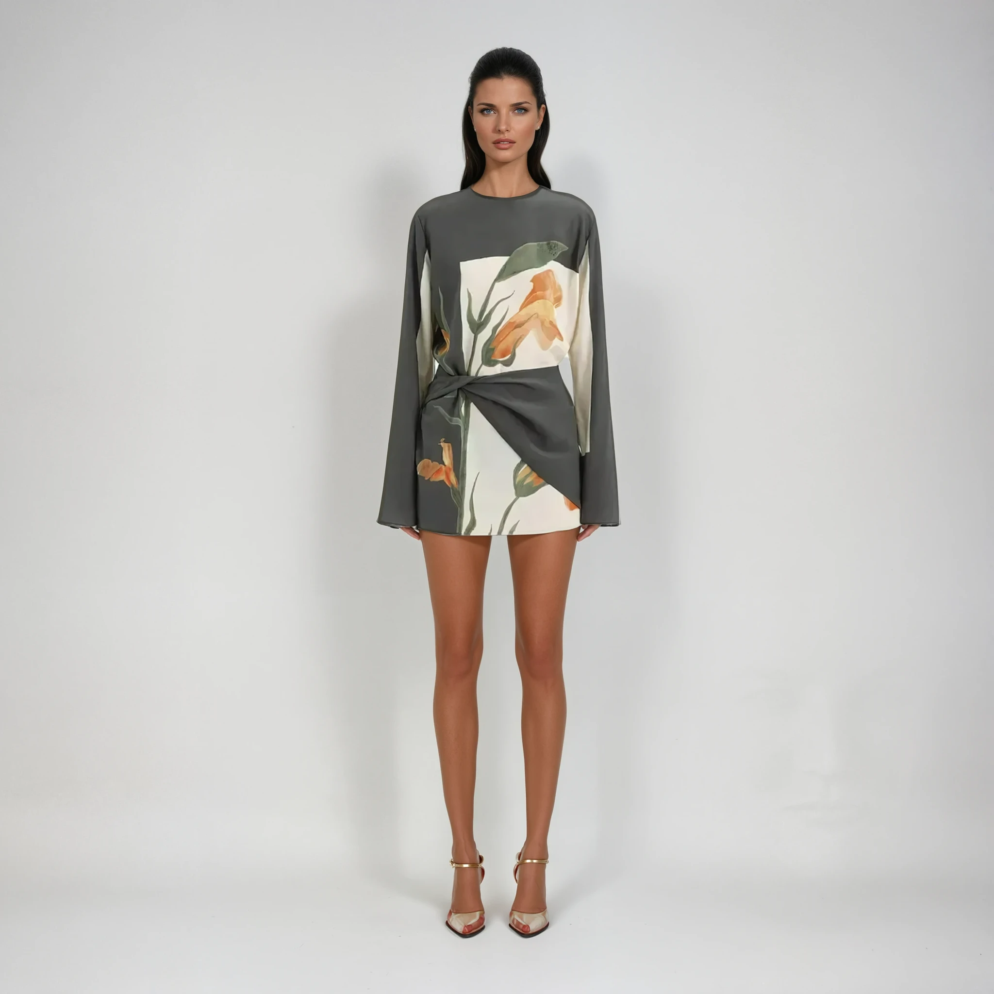 Tanzanix | Floral print mini dress with draped overlay and flared sleeves-Apparel & Accessories > Clothing > Dresses-Gray-S-Tanzanix