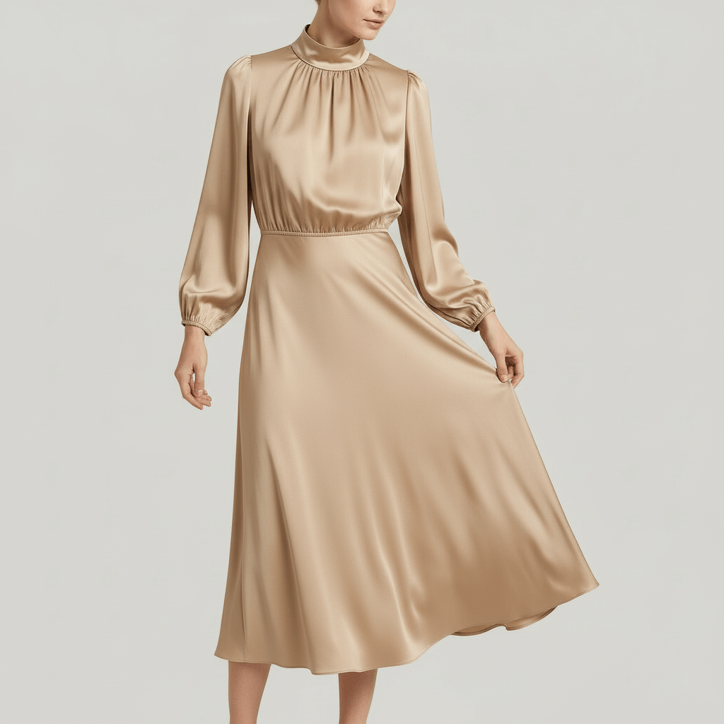 Tanzanix | High neckline long sleeve midi dress-Apparel & Accessories > Clothing > Dresses-Beige-S-Tanzanix