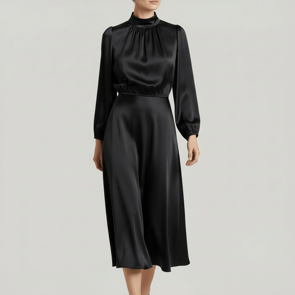 Tanzanix | High neckline long sleeve midi dress-Apparel & Accessories > Clothing > Dresses-Black-S-Tanzanix