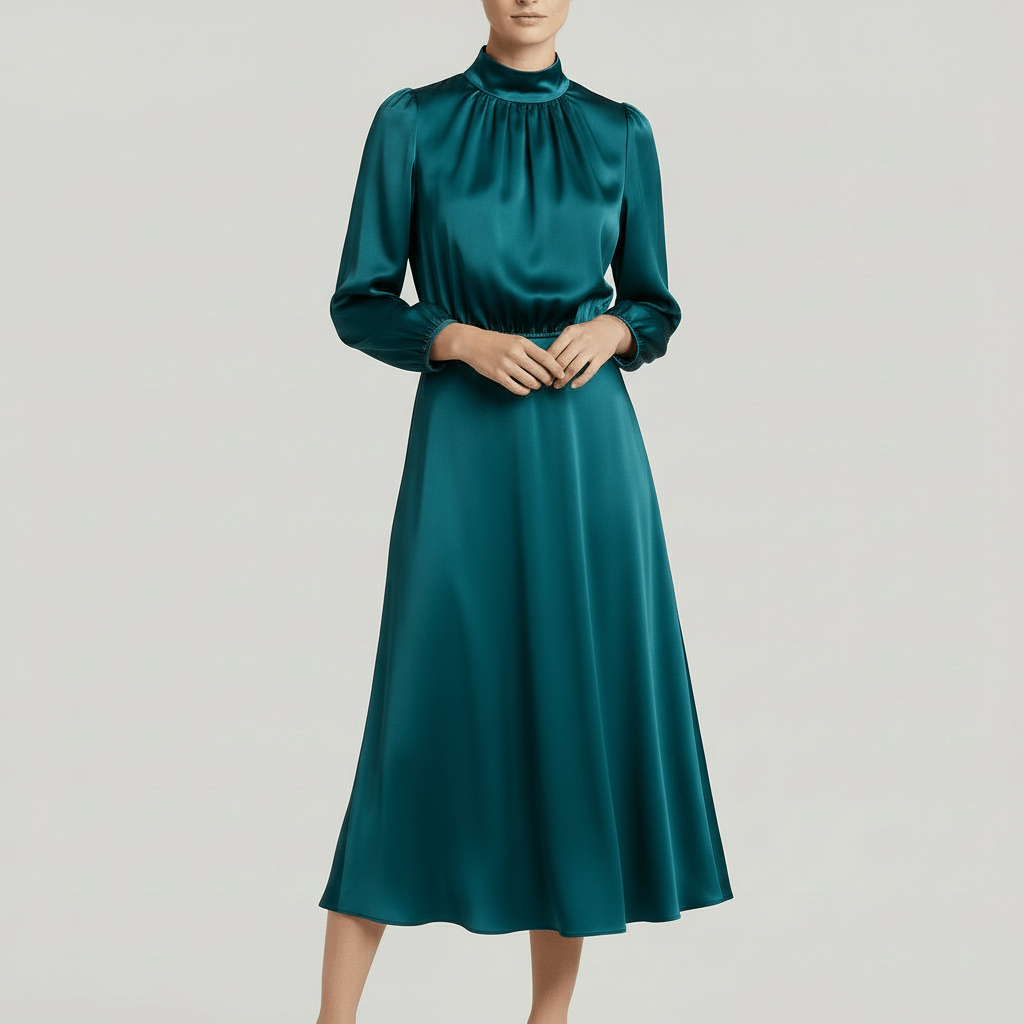 Tanzanix | High neckline long sleeve midi dress-Apparel & Accessories > Clothing > Dresses-Dark Cyan-S-Tanzanix