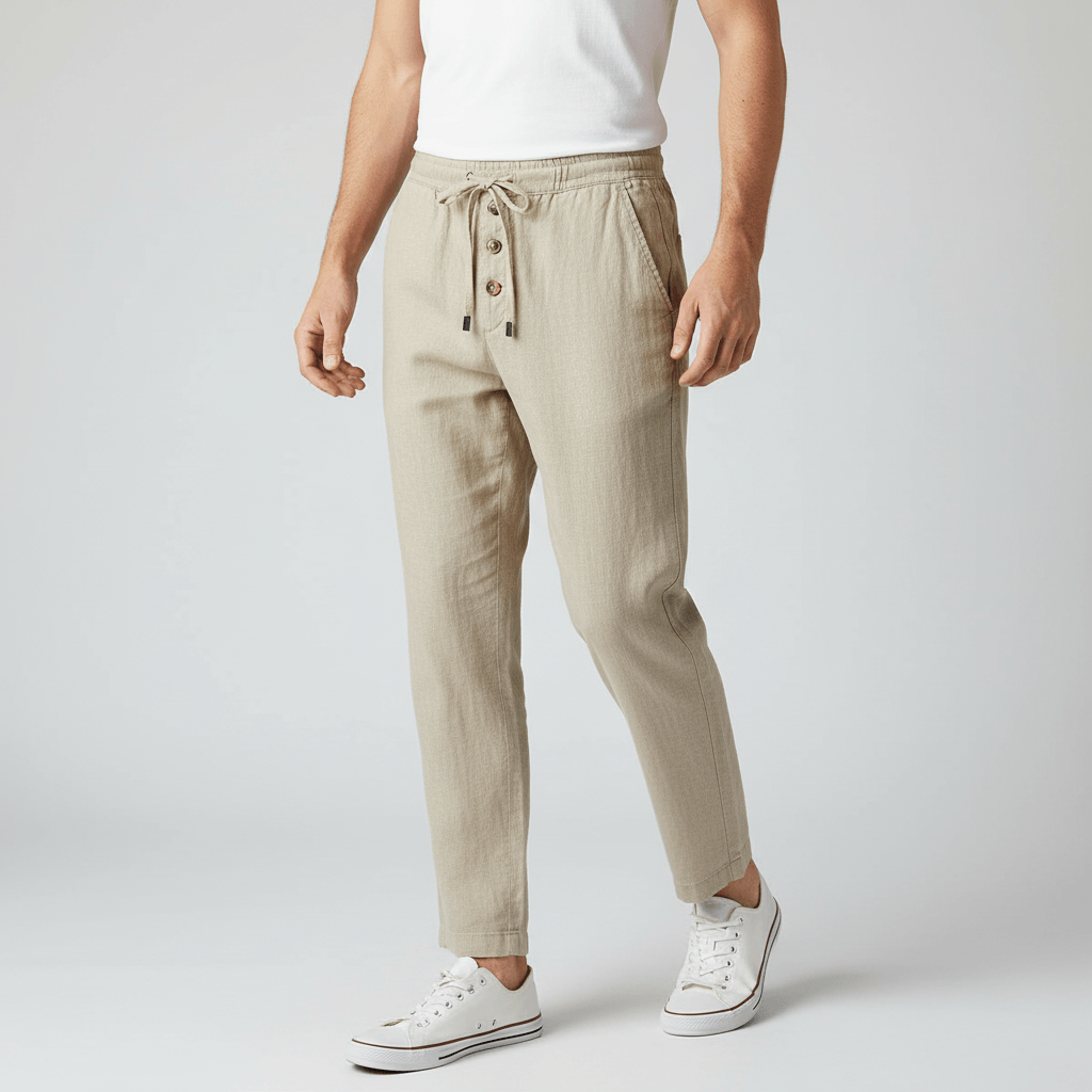 Tanzanix | Lightweight linen trousers with drawstring-Apparel & Accessories > Clothing > Pants > Trousers-Khaki-S-Tanzanix