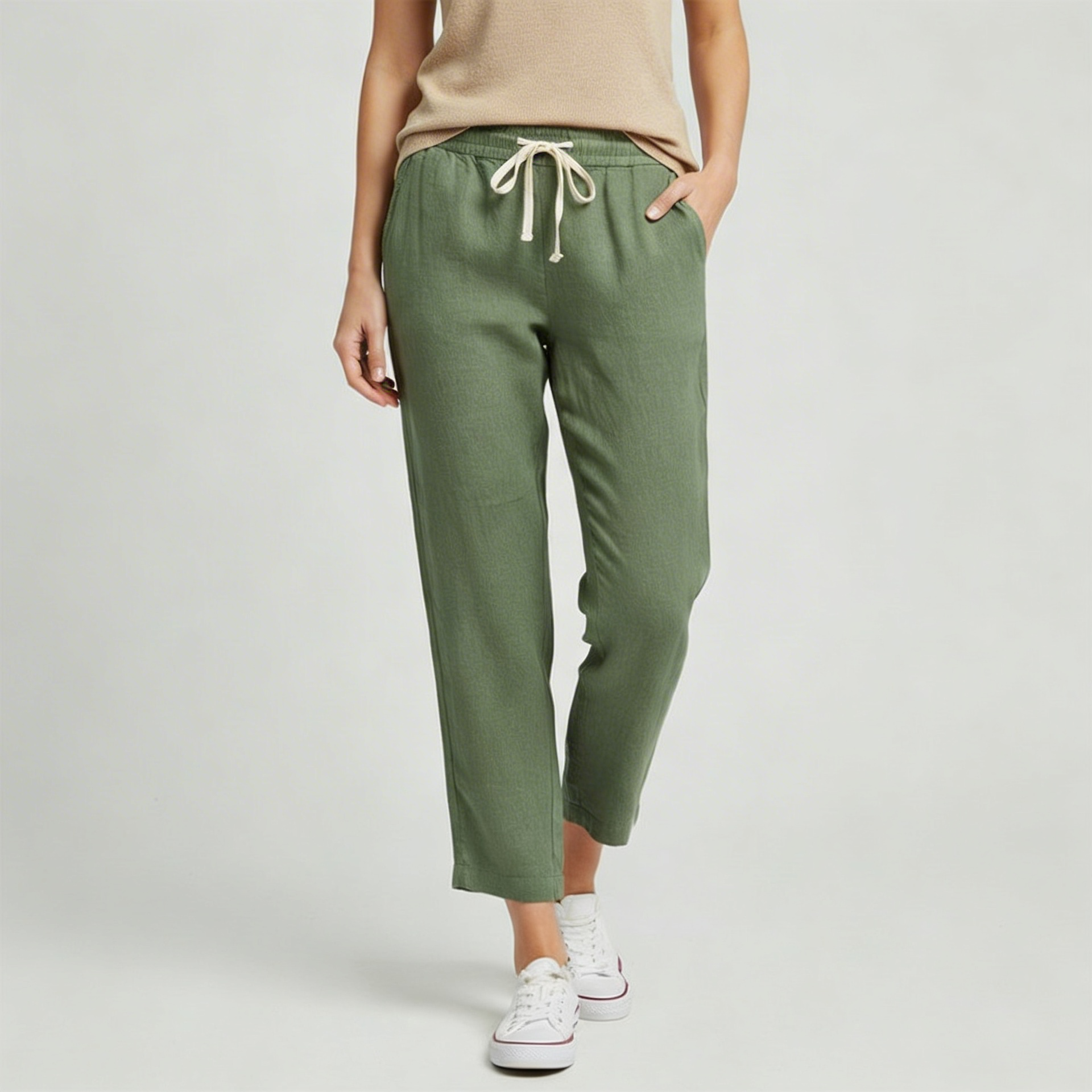 Tanzanix | Linen blend trousers with drawstring-Apparel & Accessories > Clothing > Pants > Trousers-Green-XS-Tanzanix