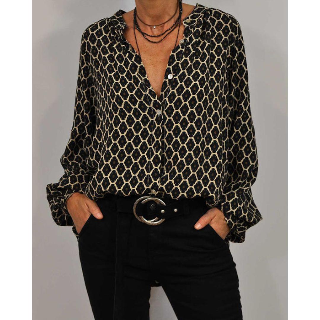 Tanzanix | Loose fit blouse with V-neck-Apparel & Accessories > Clothing > Clothing Tops > Blouses-Black-S-Tanzanix