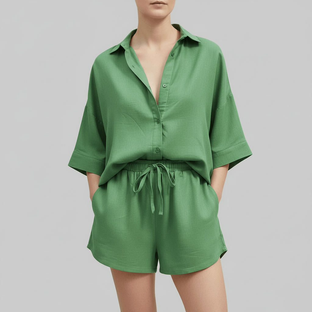 Tanzanix | Loose linen summer two-piece set-Apparel & Accessories > Clothing > Outfit Sets-Green-XS-Tanzanix