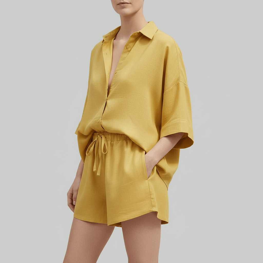 Tanzanix | Loose linen summer two-piece set-Apparel & Accessories > Clothing > Outfit Sets-Yellow-XS-Tanzanix