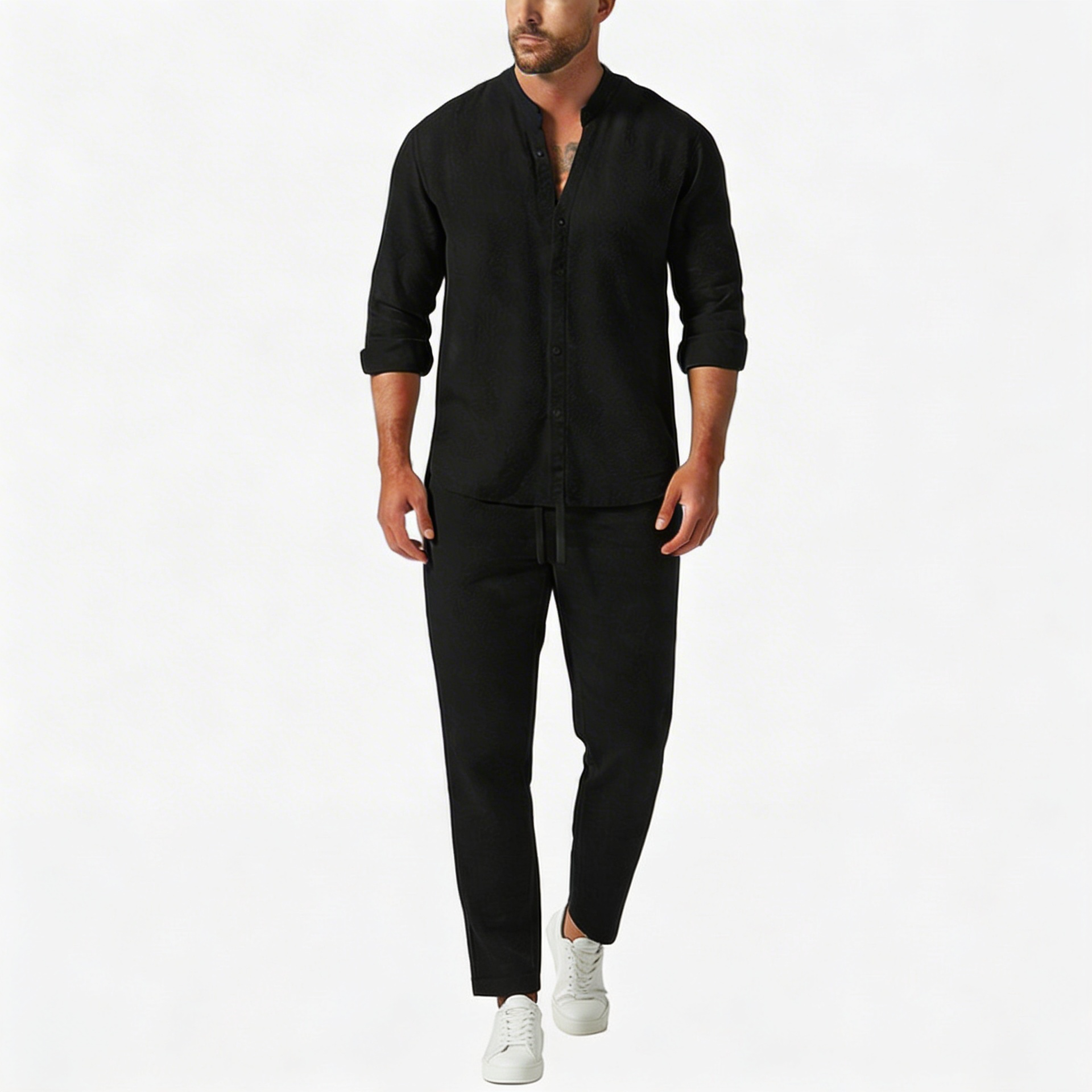 Tanzanix | Loose top and fitted trousers linen two-piece set-Apparel & Accessories > Clothing > Outfit Sets-Black-S-Tanzanix