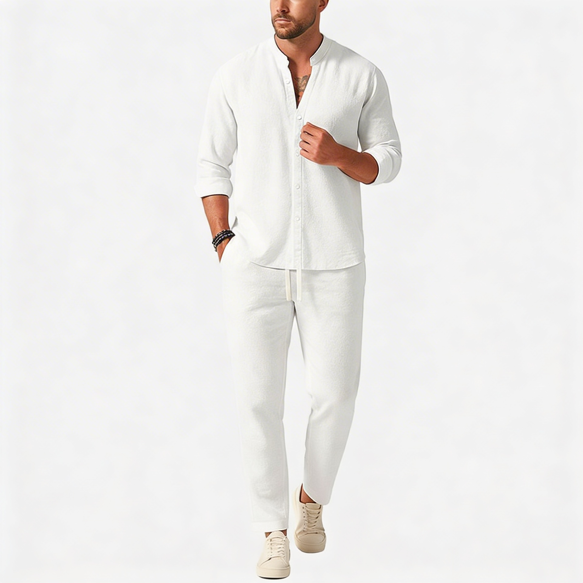 Tanzanix | Loose top and fitted trousers linen two-piece set-Apparel & Accessories > Clothing > Outfit Sets-White-S-Tanzanix