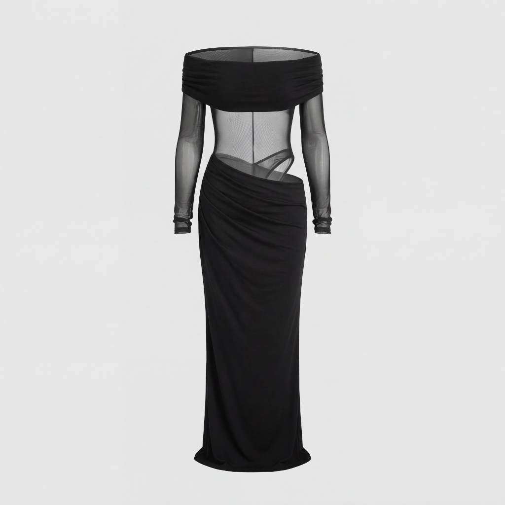 Tanzanix | Off-the shoulder mesh long sleeve maxi dress-Apparel & Accessories > Clothing > Dresses-Tanzanix
