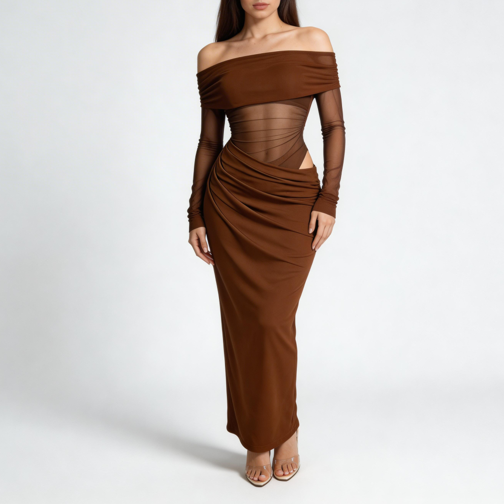 Tanzanix | Off-the shoulder mesh long sleeve maxi dress-Apparel & Accessories > Clothing > Dresses-Brown-XS-Tanzanix