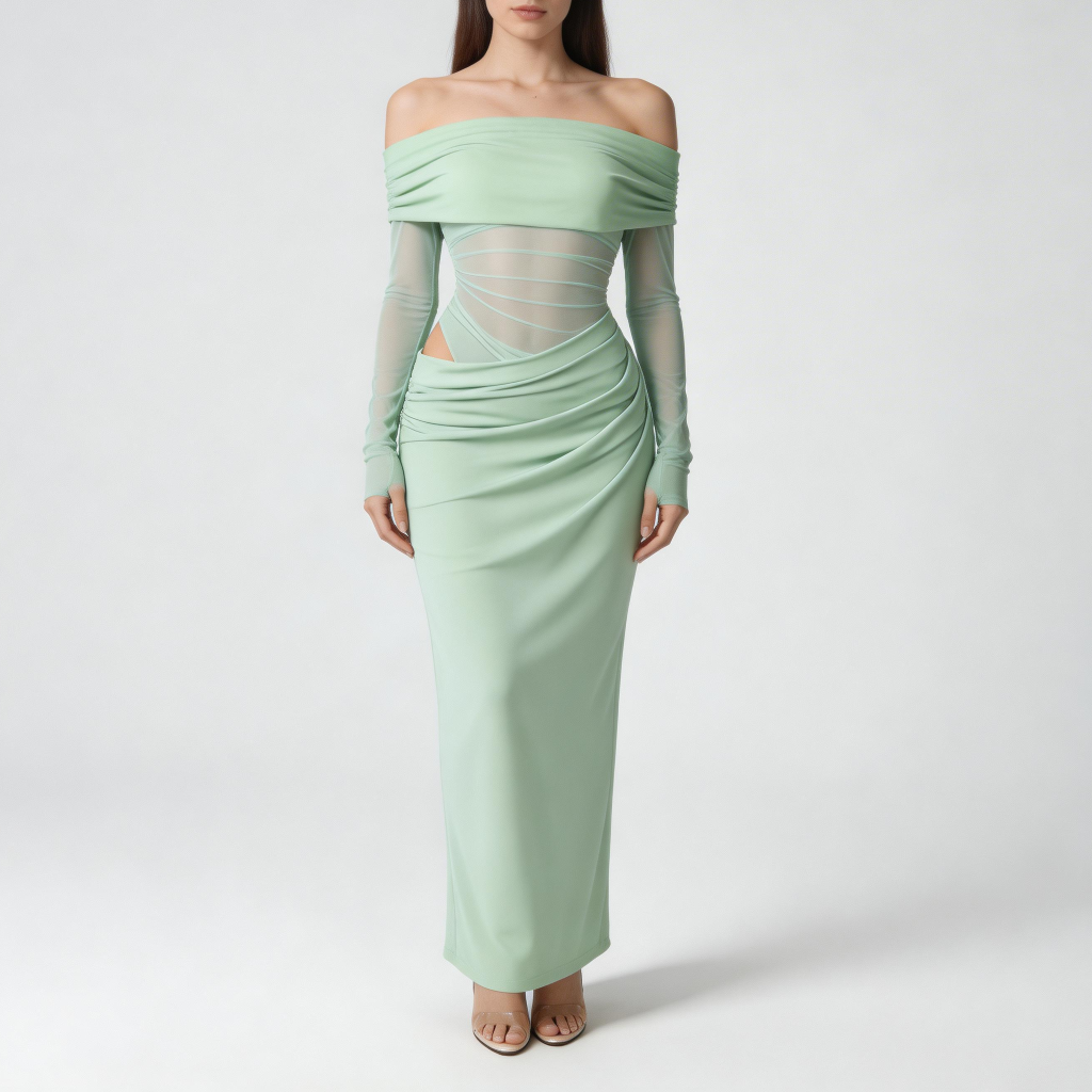 Tanzanix | Off-the shoulder mesh long sleeve maxi dress-Apparel & Accessories > Clothing > Dresses-Green-XS-Tanzanix
