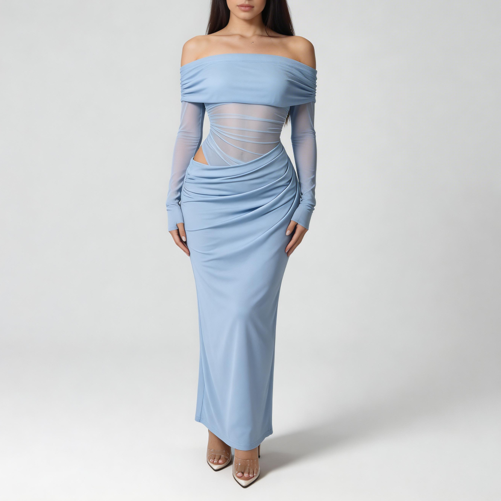 Tanzanix | Off-the shoulder mesh long sleeve maxi dress-Apparel & Accessories > Clothing > Dresses-Light Blue-XS-Tanzanix