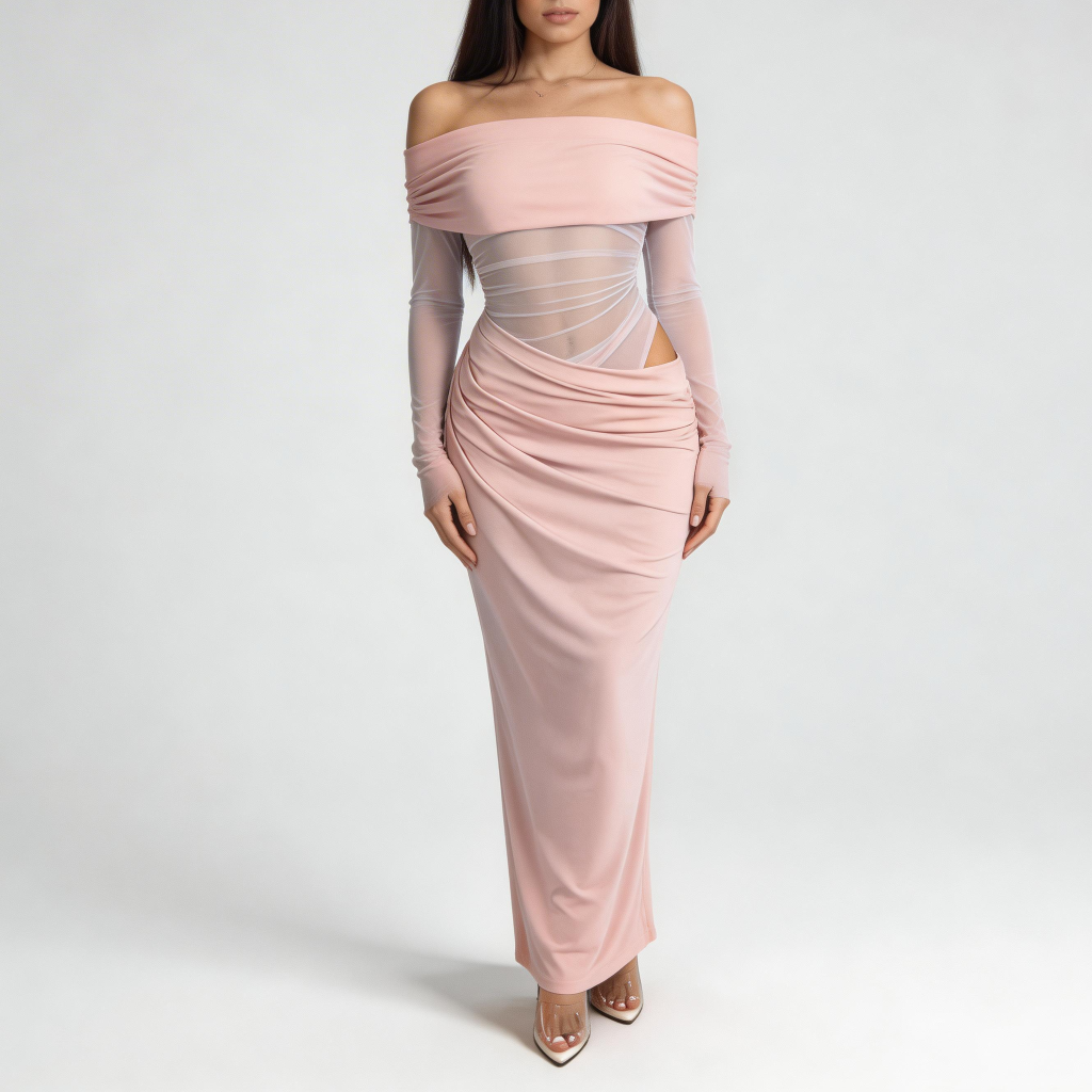 Tanzanix | Off-the shoulder mesh long sleeve maxi dress-Apparel & Accessories > Clothing > Dresses-Pink-XS-Tanzanix