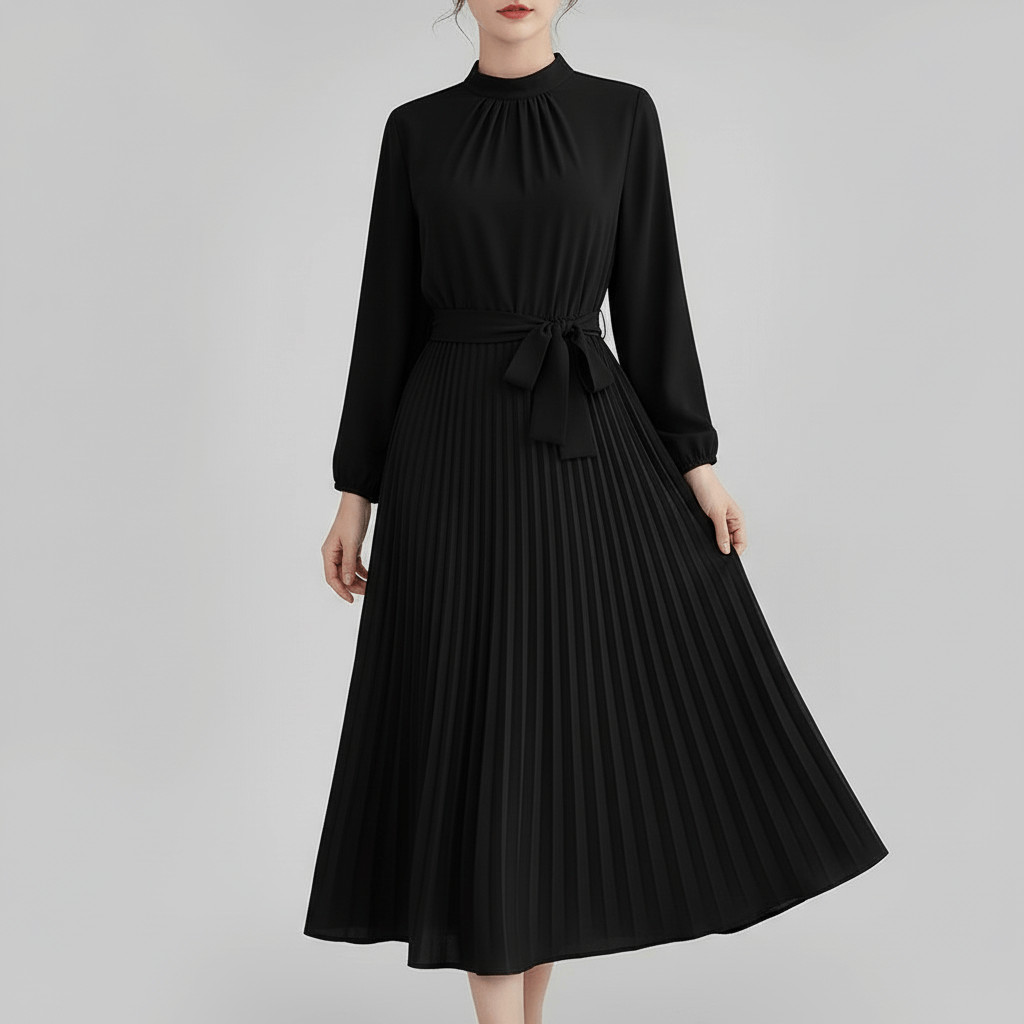 Tanzanix | Pleated long sleeve midi dress with belt-Apparel & Accessories > Clothing > Dresses-Black-S-Tanzanix