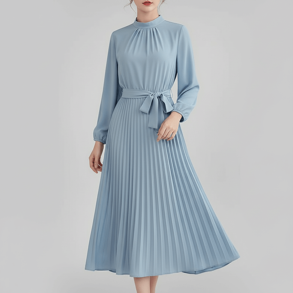 Tanzanix | Pleated long sleeve midi dress with belt-Apparel & Accessories > Clothing > Dresses-Light Blue-S-Tanzanix
