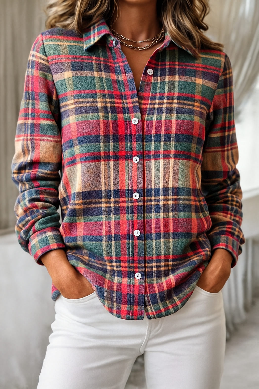 Tanzanix | Soft cotton flannel checkered blouse-Apparel & Accessories > Clothing > Clothing Tops > Blouses-Multicolor-S-Tanzanix