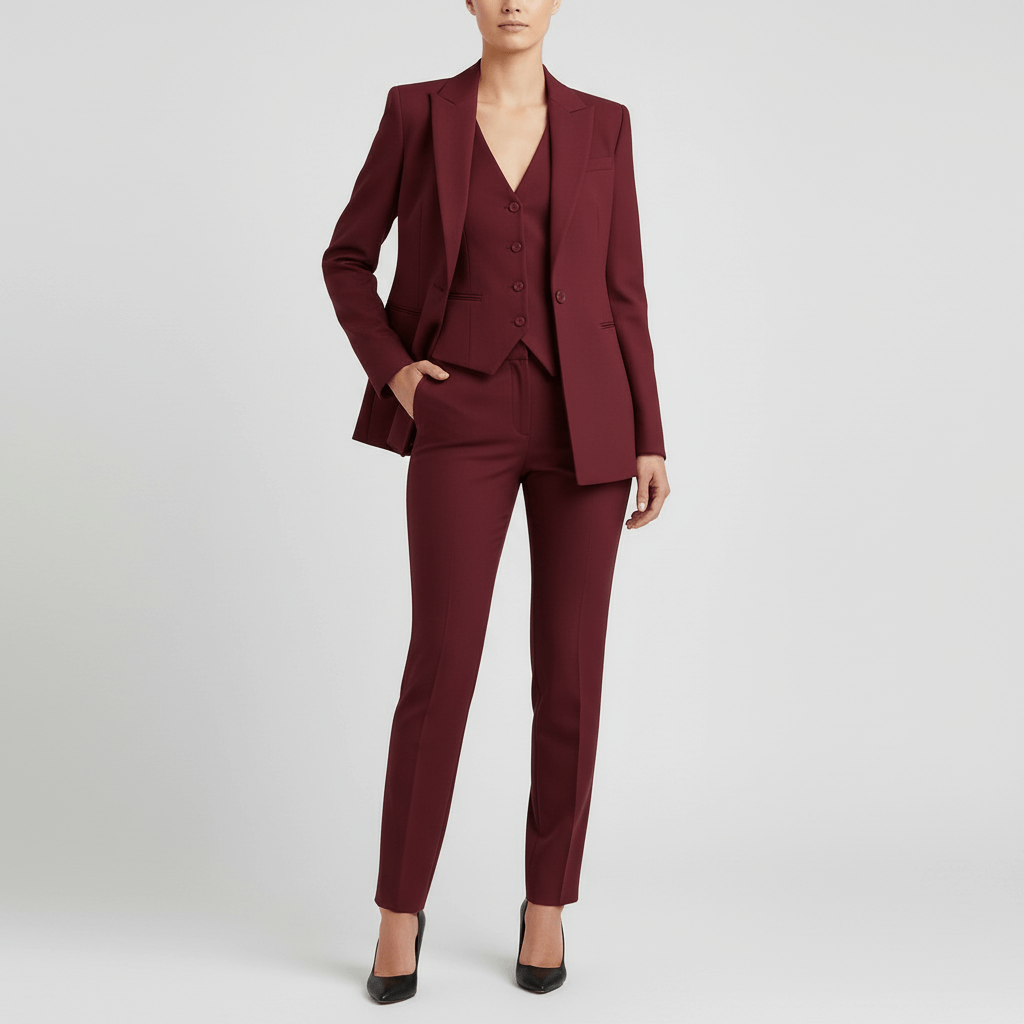 Tanzanix | Structured blazer, vest, and tailored trousers suit set-Apparel & Accessories > Clothing > Suits-Red-XS-Tanzanix