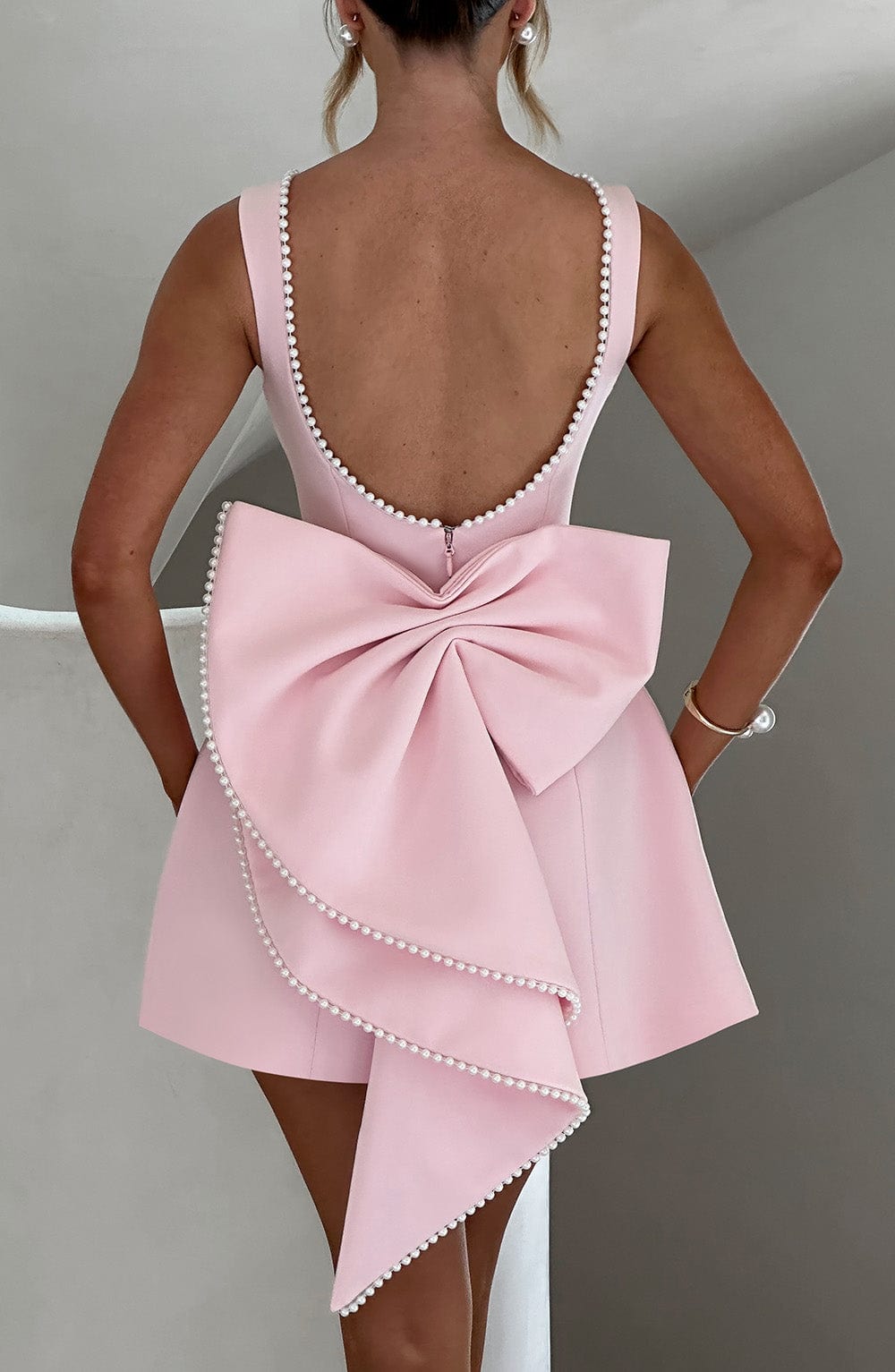 Tanzanix | Structured mini dress with pearl neckline and bow-Apparel & Accessories > Clothing > Dresses-Tanzanix
