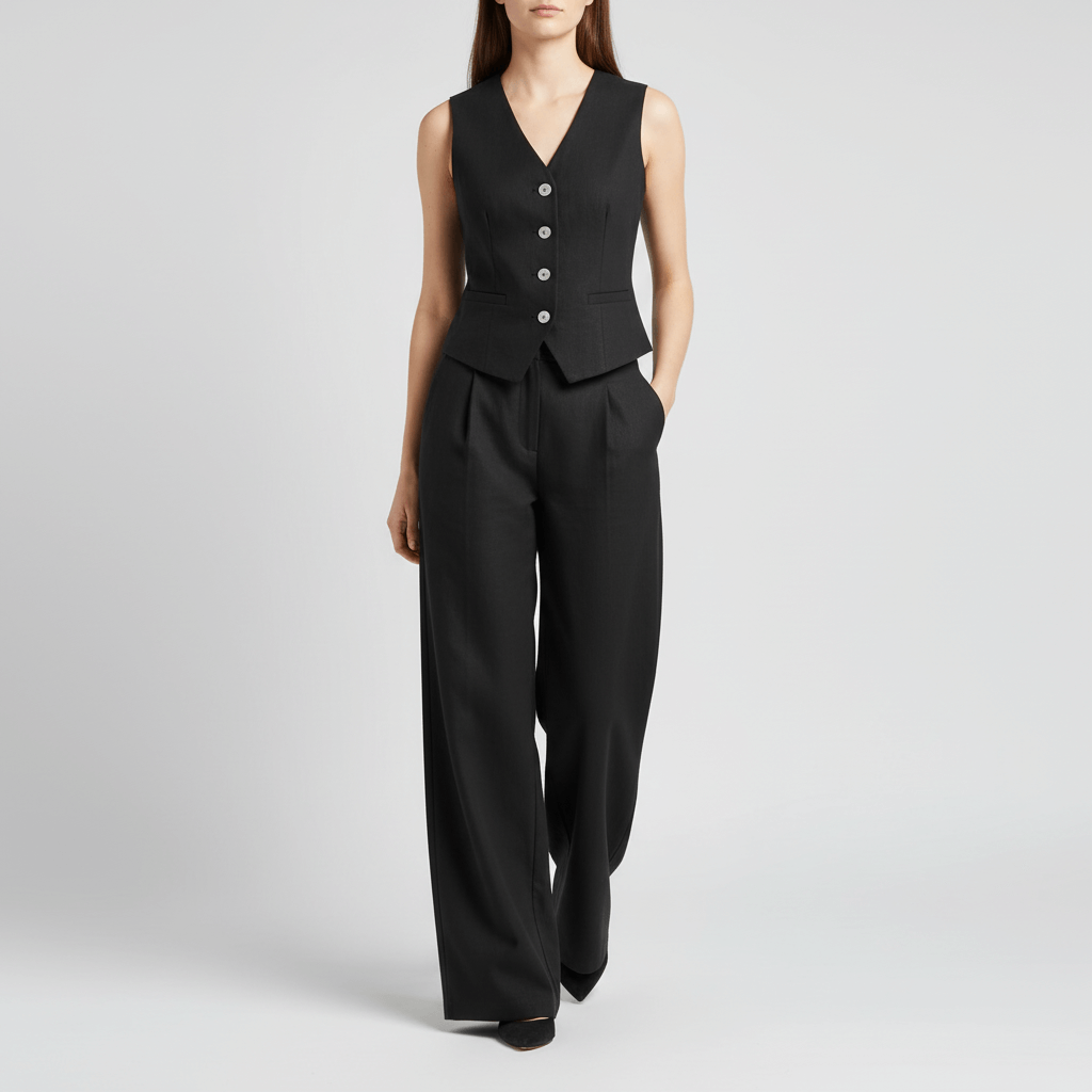 Tanzanix | Structured vest and wide-leg linen two-piece set-Apparel & Accessories > Clothing > Outfit Sets-Black-S-Tanzanix