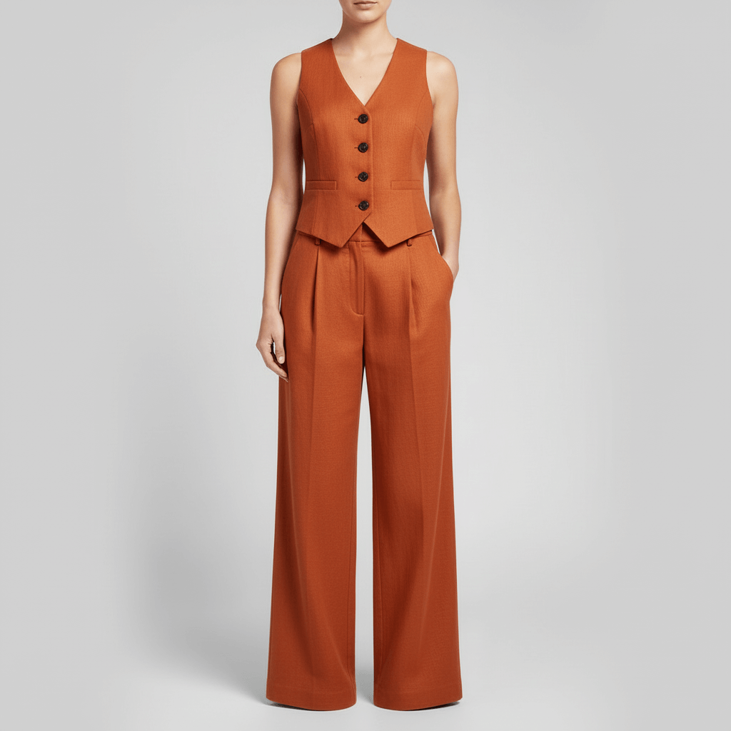 Tanzanix | Structured vest and wide-leg linen two-piece set-Apparel & Accessories > Clothing > Outfit Sets-Orange-S-Tanzanix
