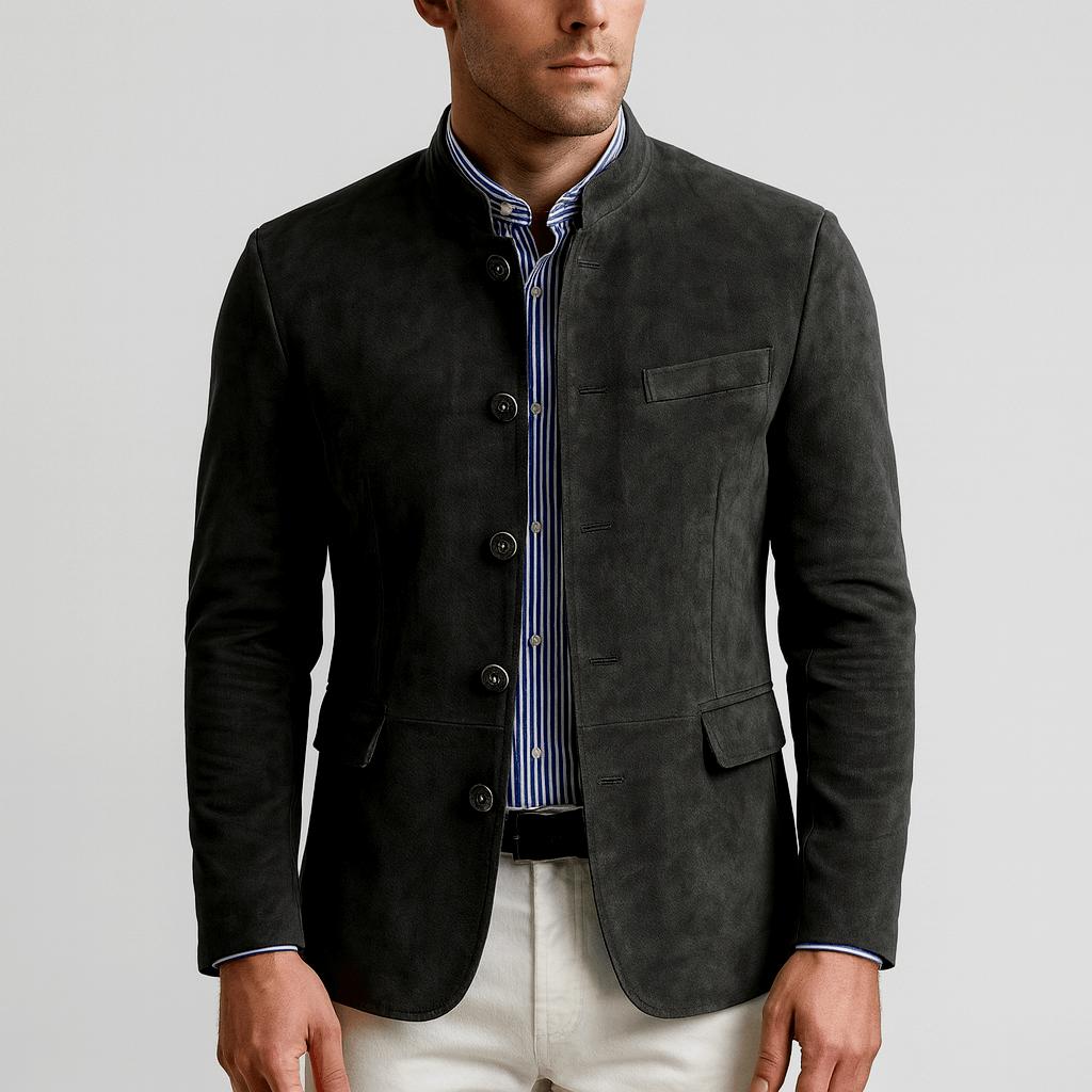 Tanzanix | Suede blazer with band collar-Apparel & Accessories > Clothing > Outerwear > Coats & Jackets > Sport Jackets-Black-S-Tanzanix