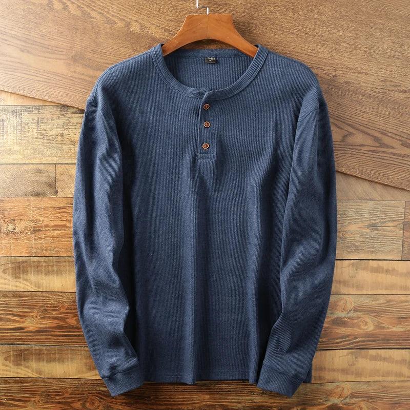 Tanzanix | Textured waffle knit long sleeve henley shirt-Apparel & Accessories > Clothing > Clothing Tops > Shirts-Navy-XS-Tanzanix