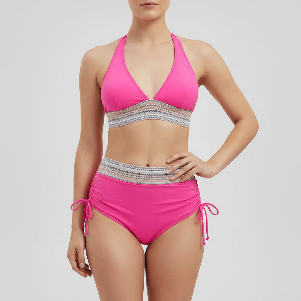 Tanzanix | V-neck two-piece swimsuit with adjustable straps and high-waisted bottoms-Apparel & Accessories > Clothing > Swimwear > Classic Bikinis-Pink-S-Tanzanix