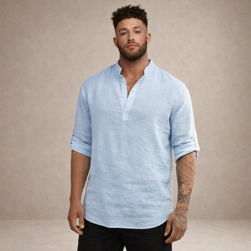 Aaron | Men's Linen Grandad Collar Shirt - view 10