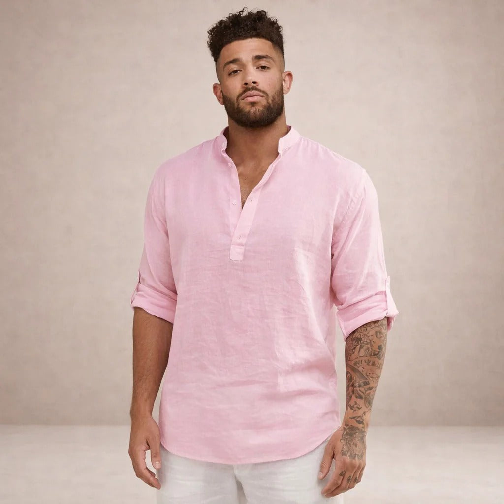 Aaron | Men's Linen Grandad Collar Shirt - view 12