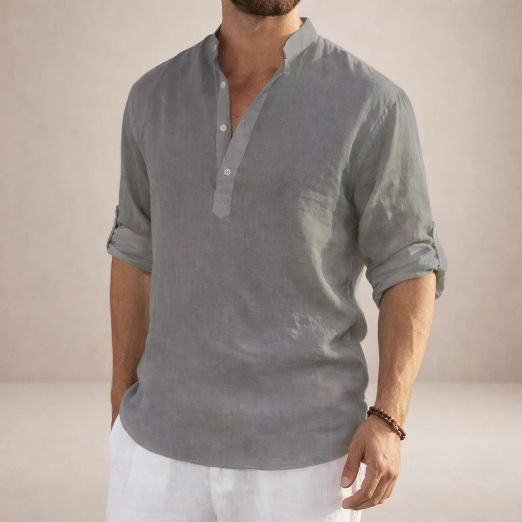Aaron | Men's Linen Grandad Collar Shirt - view 13