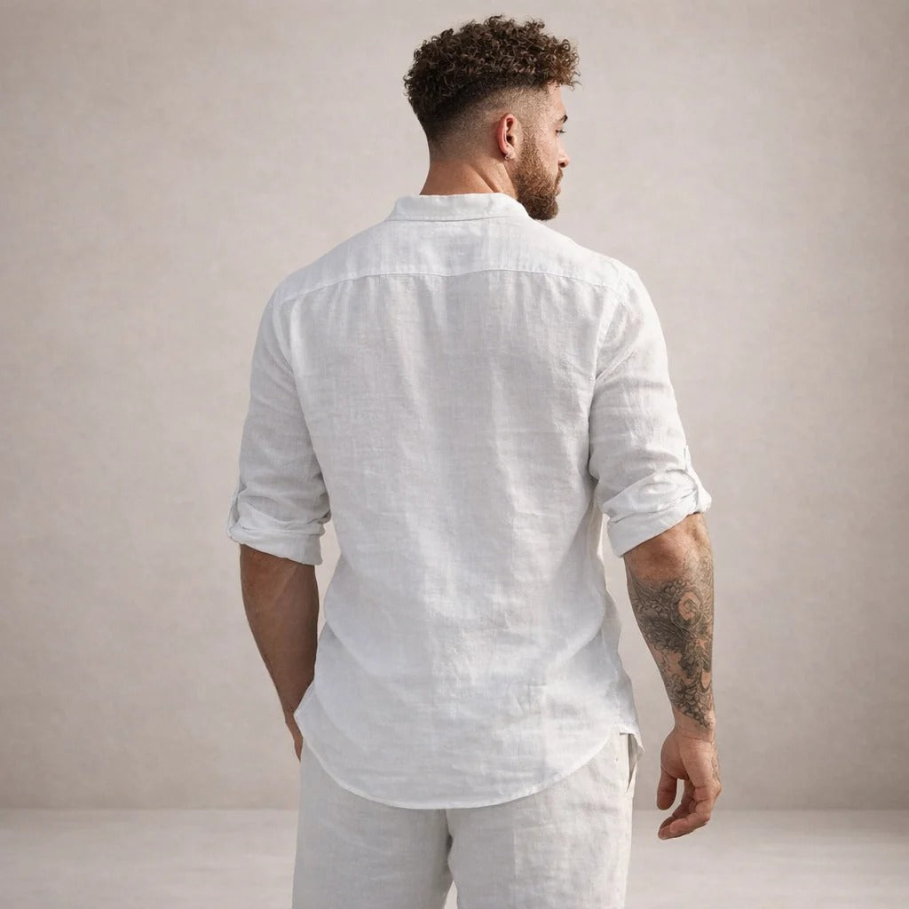 Aaron | Men's Linen Grandad Collar Shirt - view 15