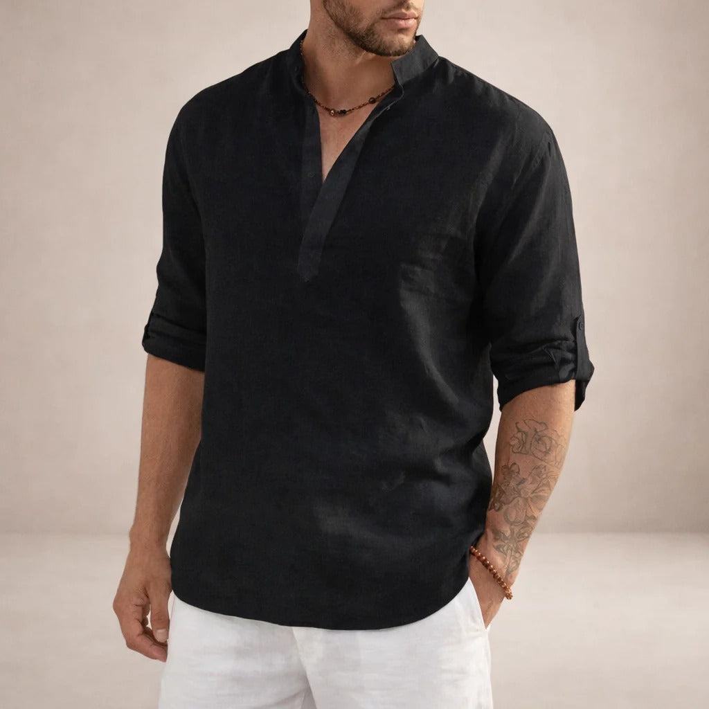 Aaron | Men's Linen Grandad Collar Shirt - Black