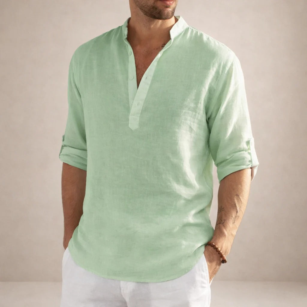 Aaron | Men's Linen Grandad Collar Shirt - Green
