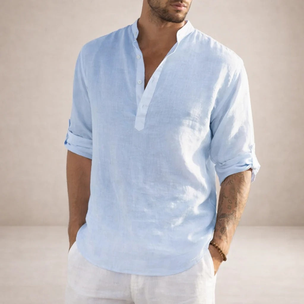 Aaron | Men's Linen Grandad Collar Shirt - Light Blue