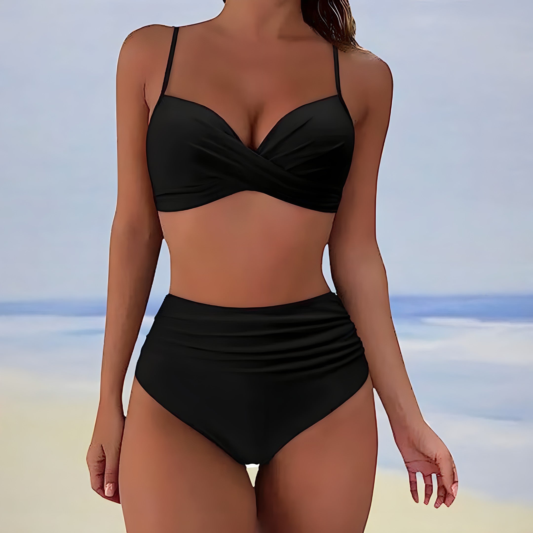 Agnes | Women's High Waisted Twist Front Bikini Set - Black