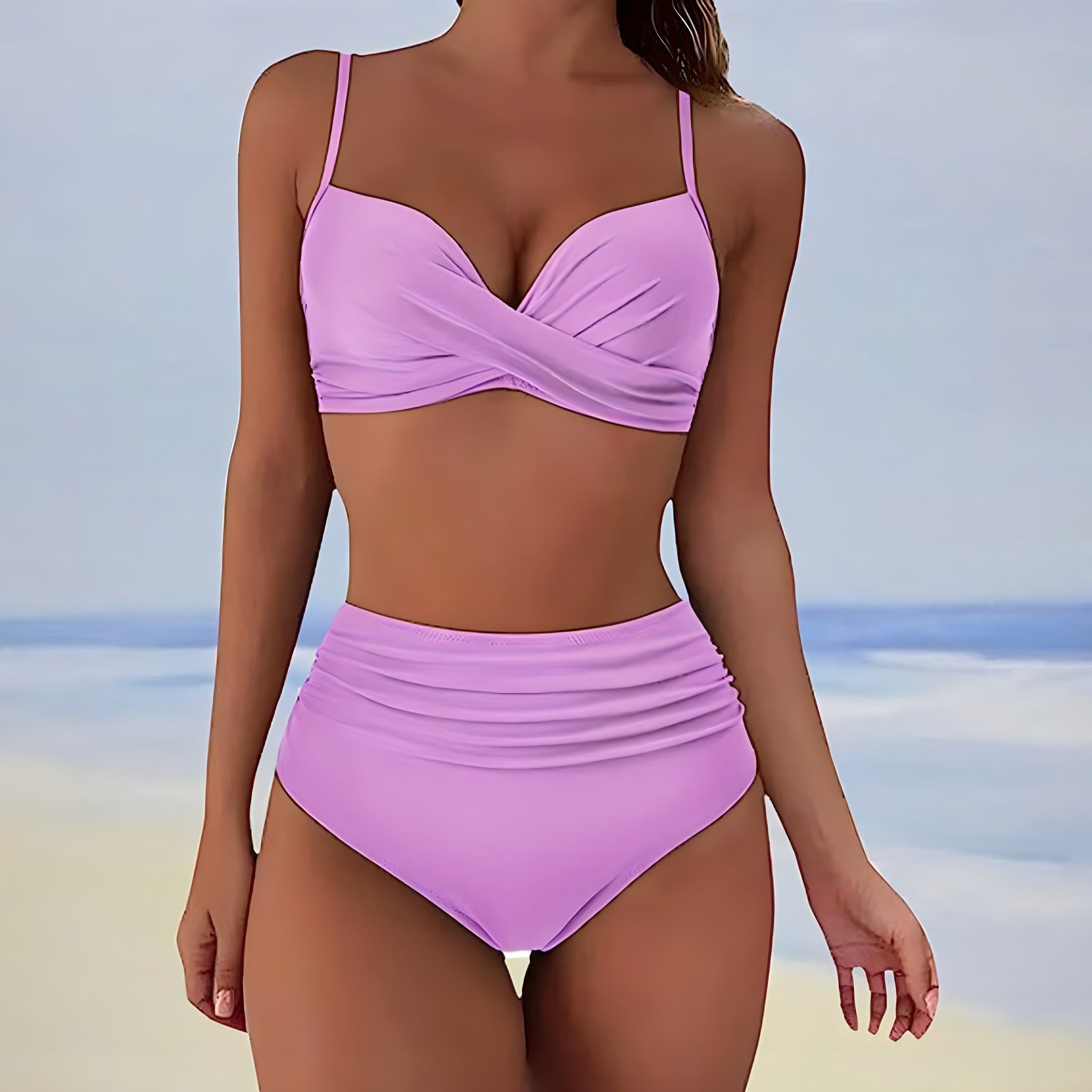 Agnes | Women's High Waisted Twist Front Bikini Set - Pale Pink