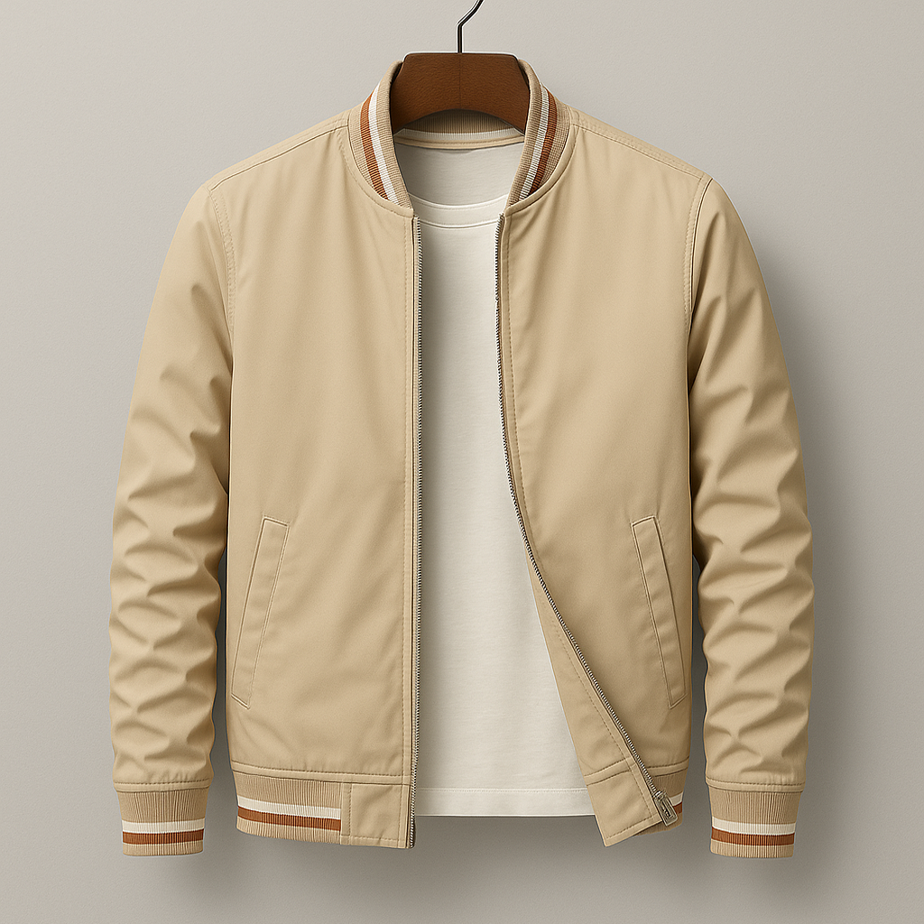 Alexander | Men's Striped Trim Bomber Jacket - Beige