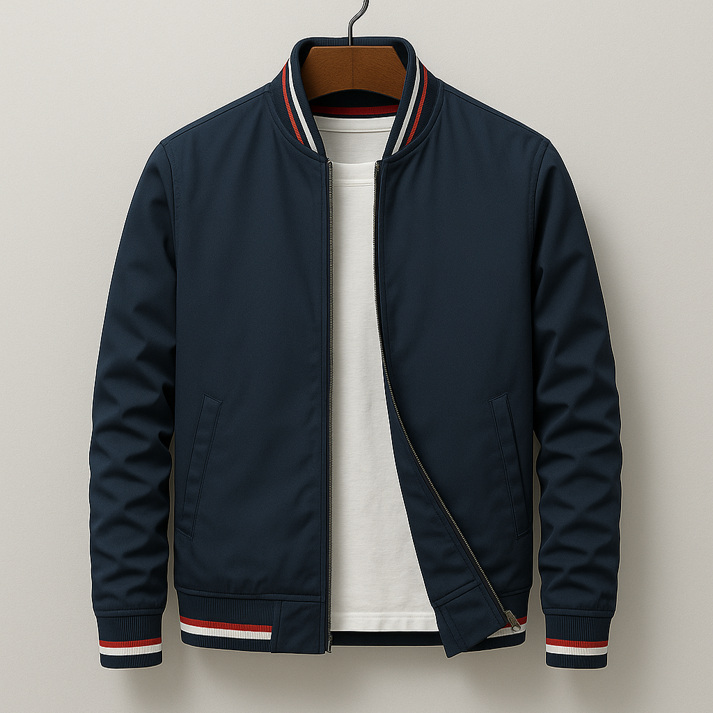 Alexander | Men's Striped Trim Bomber Jacket - Blue